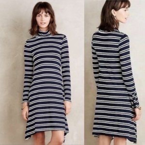 Anthropology Maeve Striped Turtleneck Sharkbite Hem Stretch Jersey Knit Dress FF - Picture 1 of 4